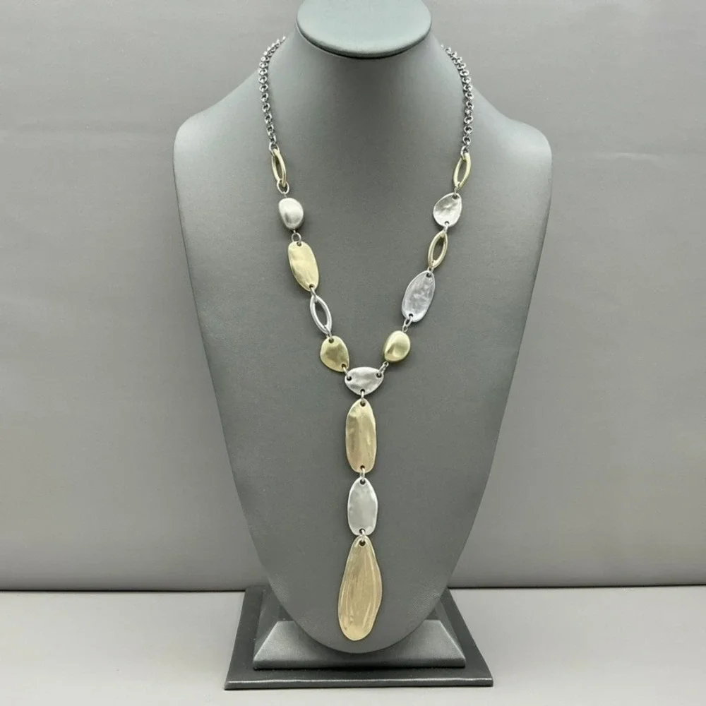 Chico's Necklace Womens Gold Tone Silver Tone Mixed Metal Y-Drop Hammered 24